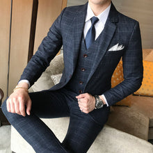 Load image into Gallery viewer, Loldeal Male Formal Business Plaids Suit for Men's Fashion Boutique Plaid Wedding Dress Suit  ( Jacket + Vest + Pants )
