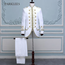 Load image into Gallery viewer, Mens Two Piece Stage Costumes Suits Blazers Long Gold Embroidery White Suit Men Slim Fit Stage Prom Wedding Singer Jackets Homme