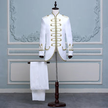 Load image into Gallery viewer, Mens Two Piece Stage Costumes Suits Blazers Long Gold Embroidery White Suit Men Slim Fit Stage Prom Wedding Singer Jackets Homme